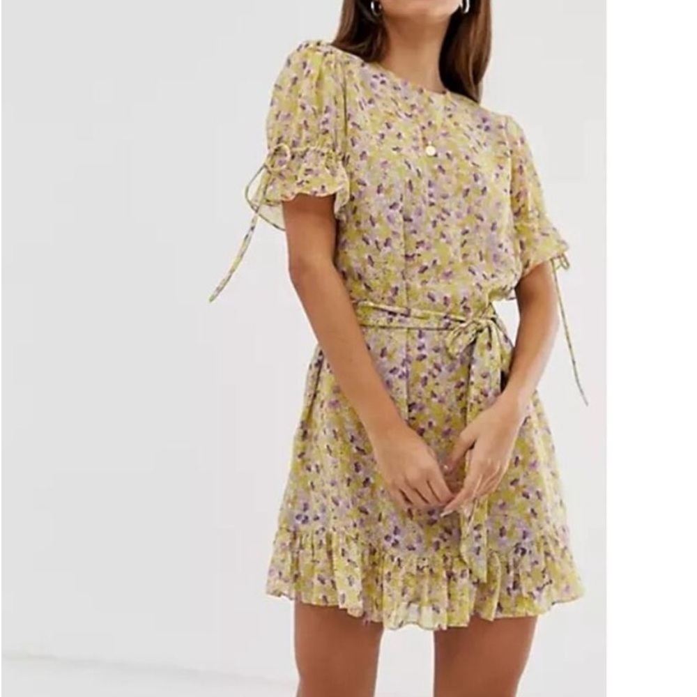 Floral Tie-Waist Mini Dress in Yellow